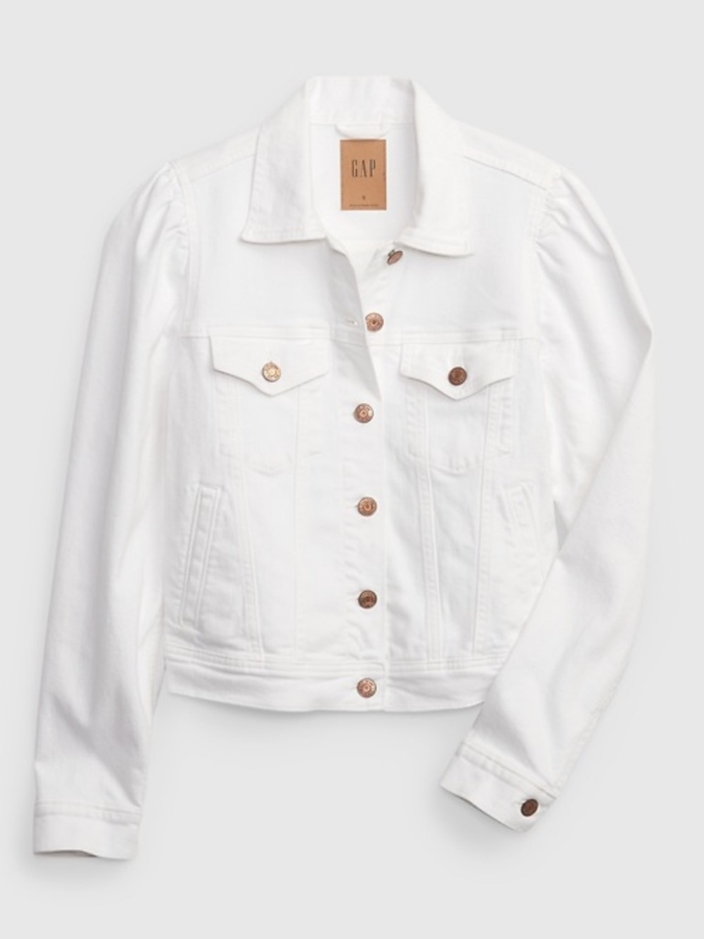GAP White Denim Puff Sleeve Jacket | Cropped | Copper Button Detail | Size M